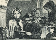 A black and white illustration shows a woman helping four children sing from hymnals.