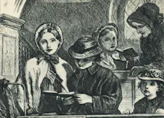 A black and white illustration shows a woman helping four children sing from hymnals.