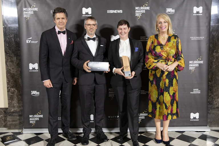 Melbourne Deputy Lord Mayor Nicholas Reece, The Conversation's Editor Misha Ketchell and CEO Lisa Watts, Melbourne Lord Mayor Sally Capp.