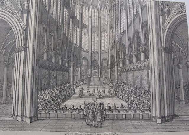 A black and white illustration of Te Deum in the cathedral of Notre Dame