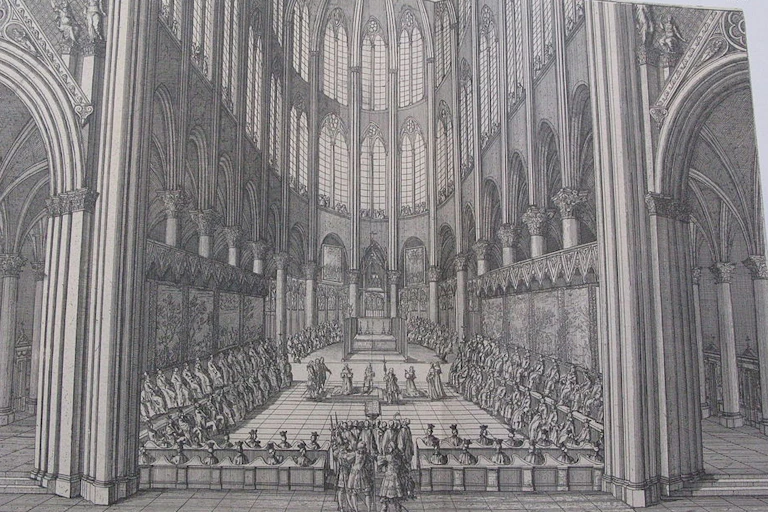 A black and white illustration of Te Deum in the cathedral of Notre Dame