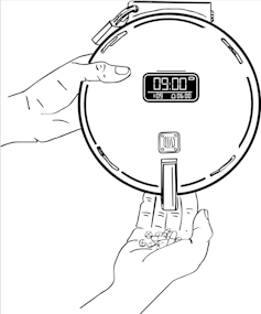 Sketch of an automated tablet machine - a round device with padlock