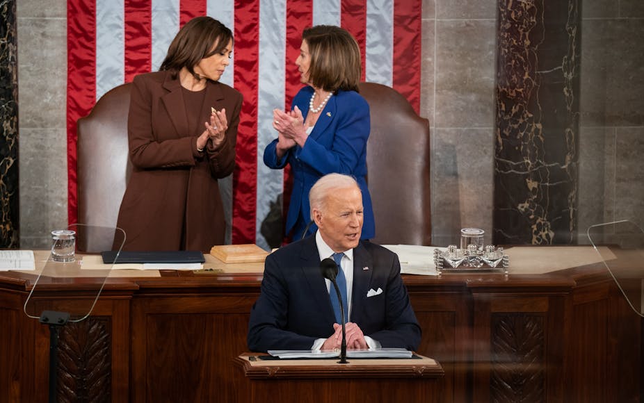 Joe BIden  delivers his first State of the Union address to both houses of Congress, January 2022.