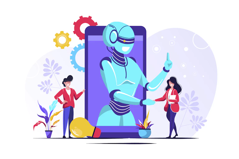 Illustration d'un robot discutant avec une femme.