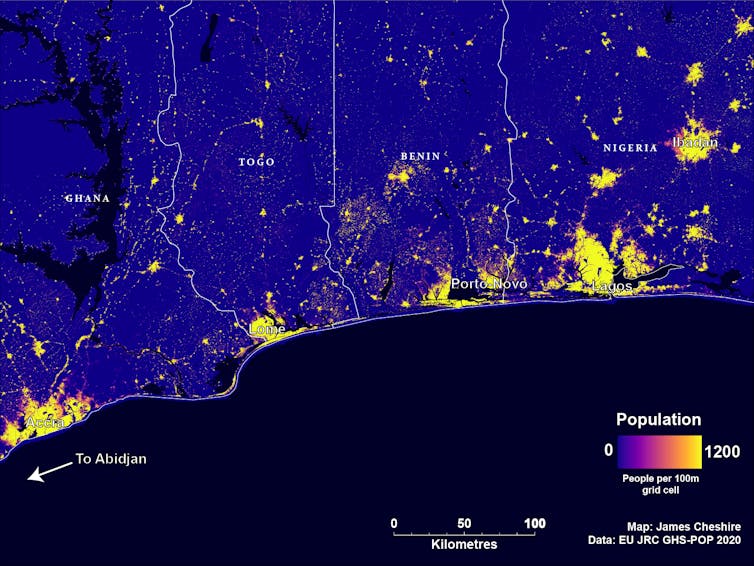 A map of a coastal area in West Africa.