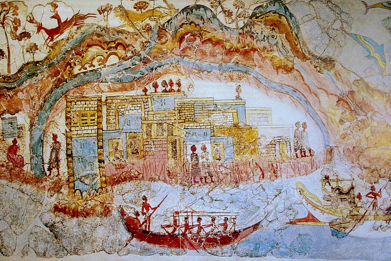A wall painting depicts a great flood, and people travelling in boats, with deer and other animals fleeing in the background