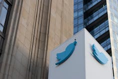 The blue Twitter bird logo in front of the Twitter offices in San Francisco, US