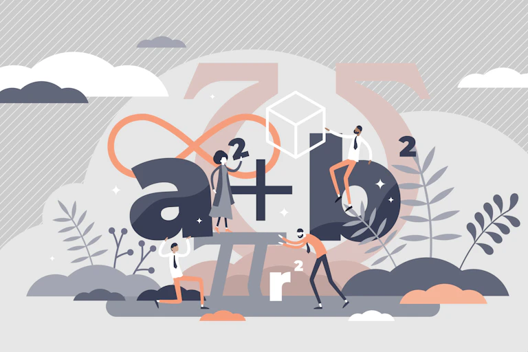 Illustration de personnes utilisant des outils mathématiques.