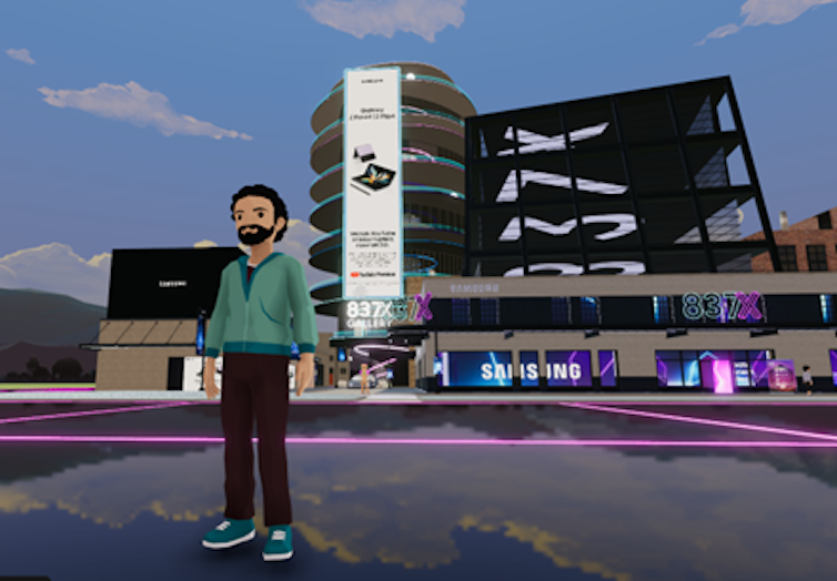 A virtual avatar in a green shirt, black pants and sneakers that are in a virtual world