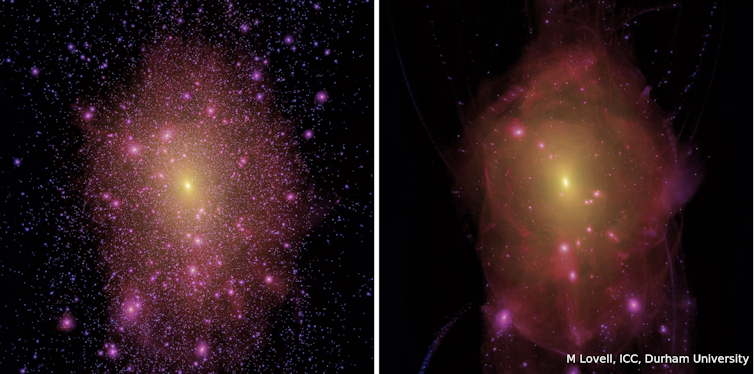 Figure of a galaxy simulated with cold dark matter (left) versus warm dark matter (right). There are many more clumps of cold dark matter that can host dwarf galaxies than warm dark matter ones.