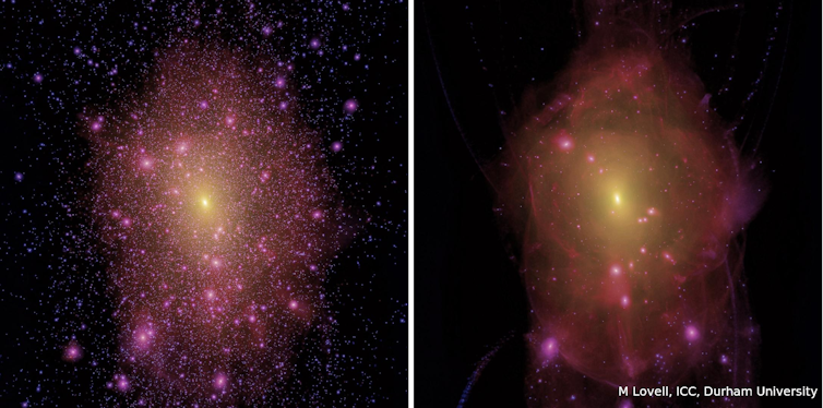 Figure of a galaxy simulated with cold dark matter (left) versus warm dark matter (right).  There are many more clumps of cold dark matter that can host dwarf galaxies than warm dark matter ones.