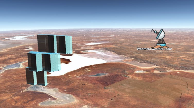 An annoyed aerial photo showing the locations of the Woomera radar station and the falling meteorites.