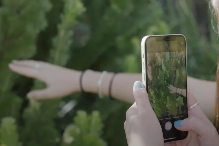 teenager holds phone while another points at bush