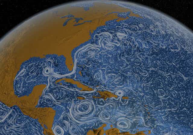 An image of Earth with swirling white lines in the Atlantic ocean