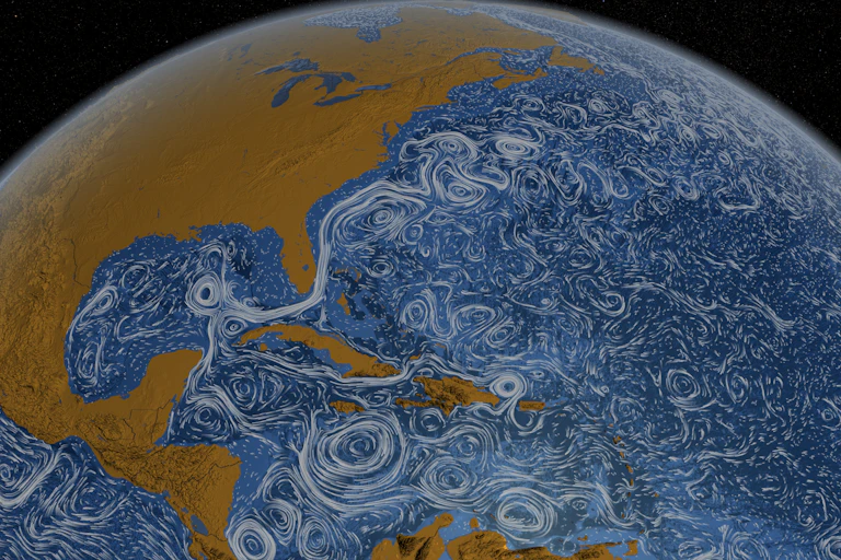 An image of Earth with swirling white lines in the Atlantic ocean