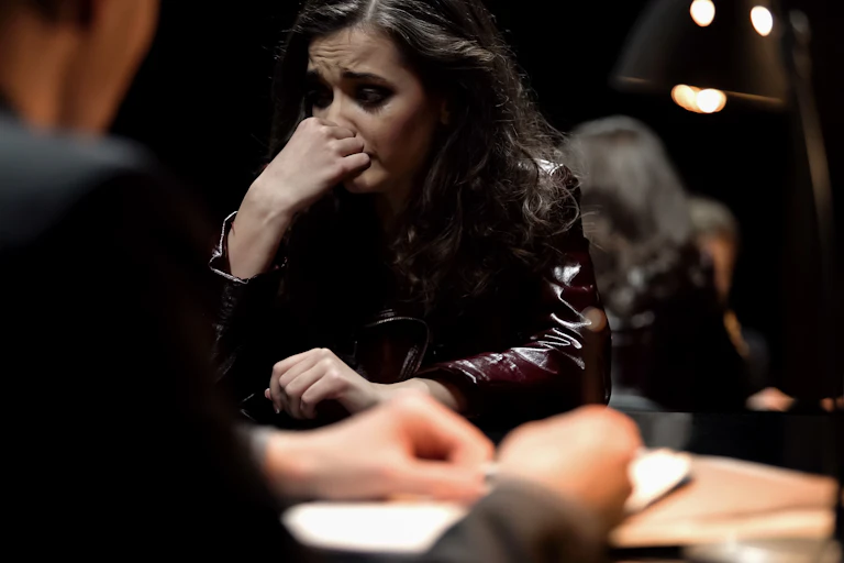 a tearful woman sits across from a man