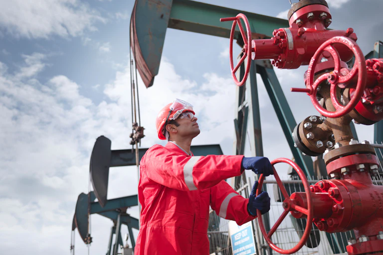 A worker turns a valve with oil derricks behind him.