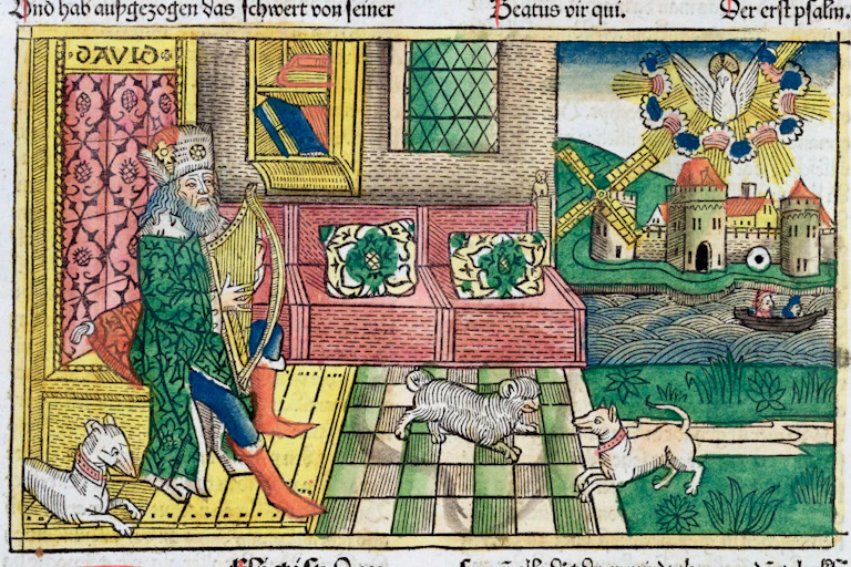 A colorful drawing shows a tired-looking man in robes and a crown, with a full beard, playing a small harp as dogs play at his feet.