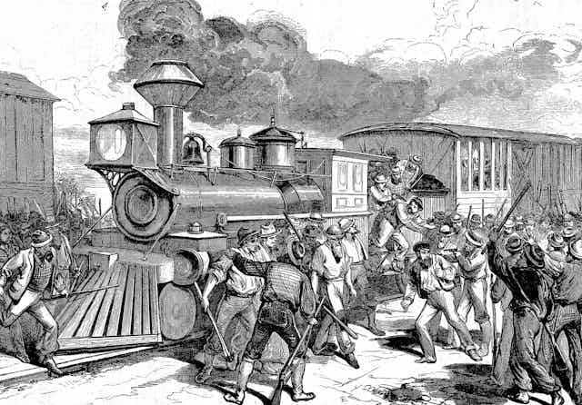 Men fighting next to a train in an old engraving