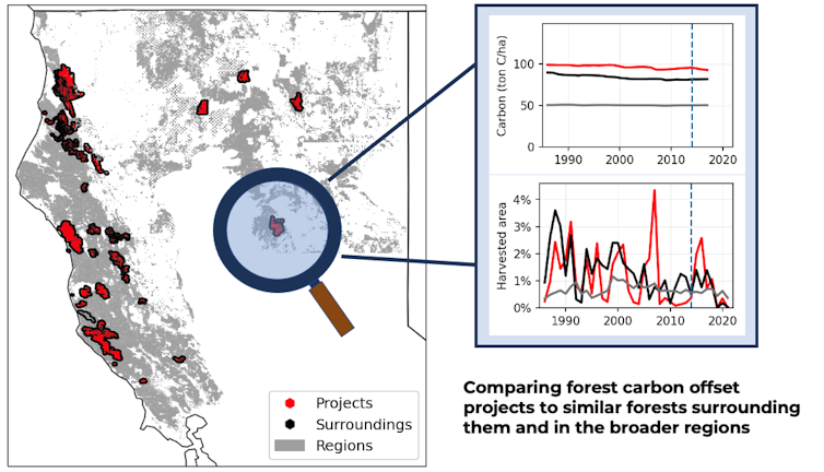 Map shows protected areas and zooms in on one to show how we compared carbon and harvest for the project and similar forests.