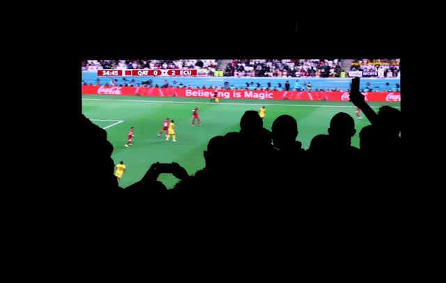 Dark silhouettes of people stand in a crowd to watch a soccer game, lit up. 