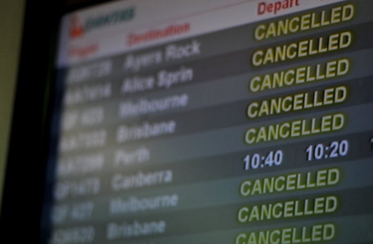 Flights cancelled at the Qantas domestic terminal at Sydney Airport on October 30 2011, after Qantas grounded its fleet and locked out staff.