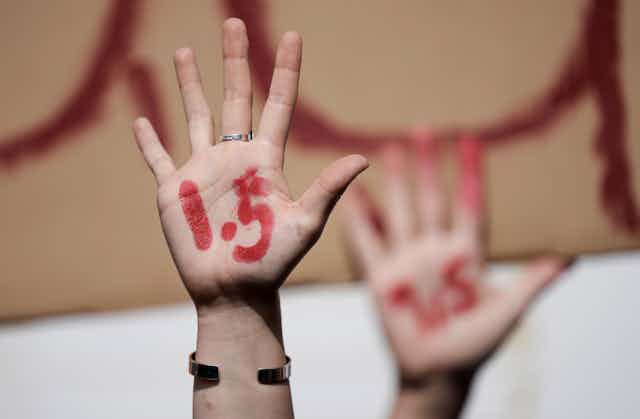 2 protesters' raised hands painted with 1.5 during COP27