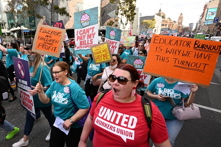 Childcare workers on strike.