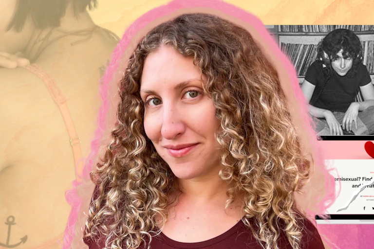 a young woman in a pink bra, with tattoos, face not shown, then a smiling, curly-haired woman, then a woman sitting cross-legged with headphones on, listening to a record.