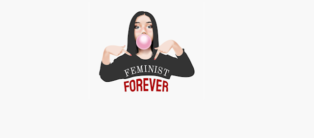 Dibujo de una joven con globo de chicle en la boca que señala su camiseta en la que está escrito Feminist Forever.