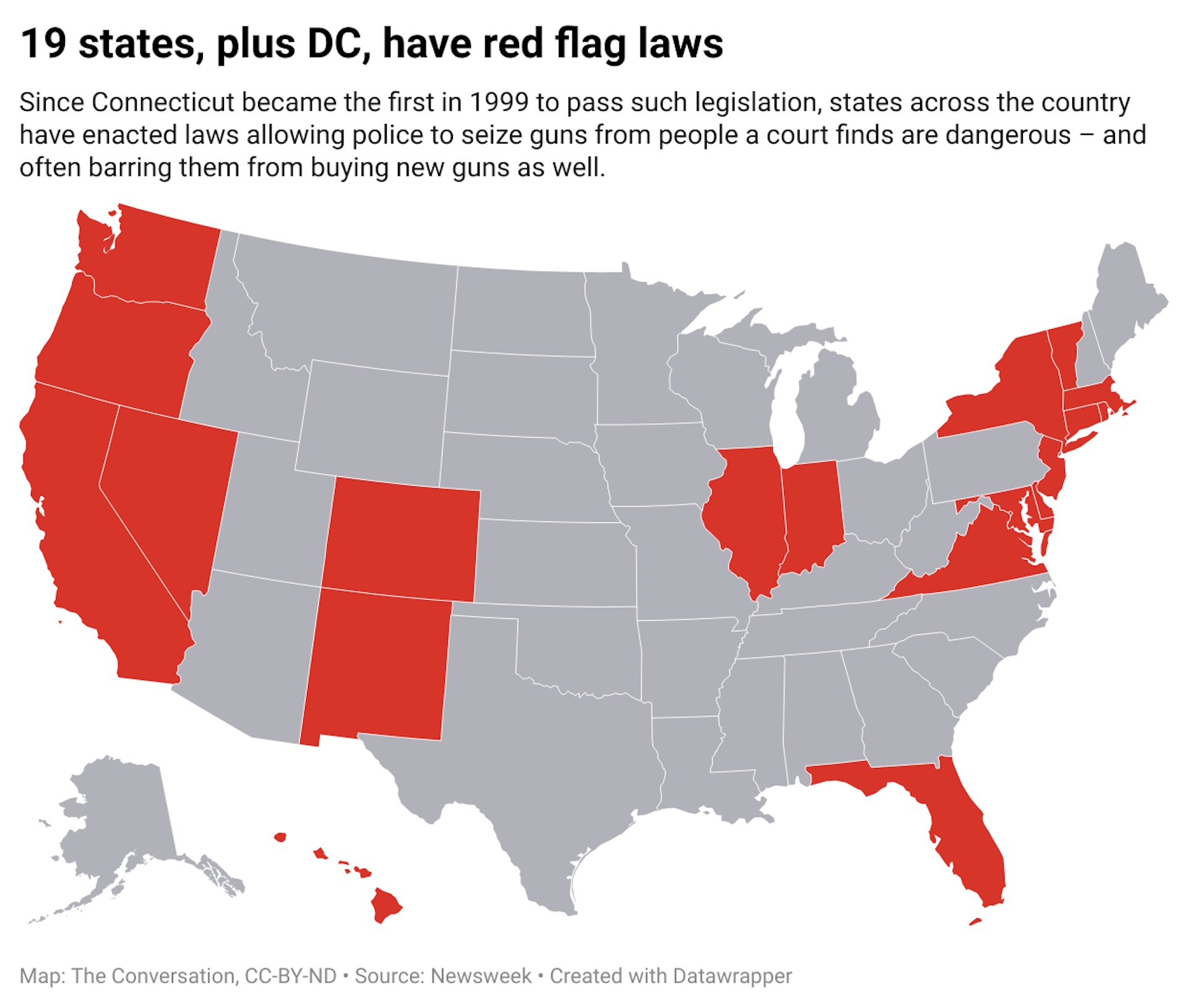 A map of the United States where states that have red flag laws are highlighted in red. Washington D.C. is also highlighted in red.