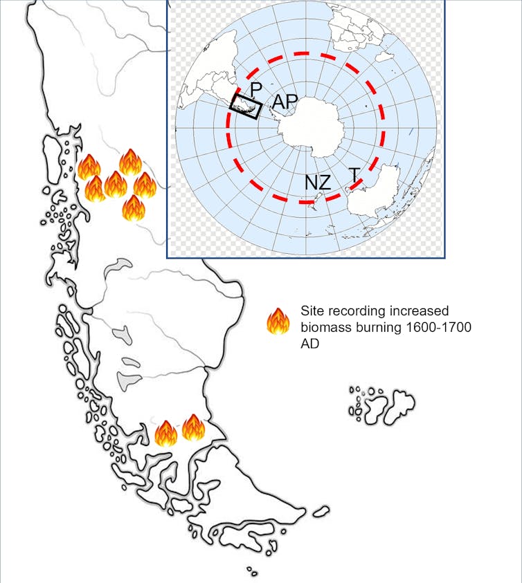 This map of Patagonia south of 40° South provides locations of eight charcoal record sites that show increased biomass burning from 1,600 to 1,700AD.