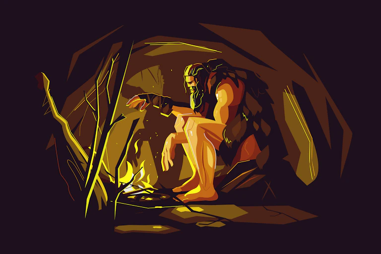 Tired and exhausted prehistoric man relaxing near protective light