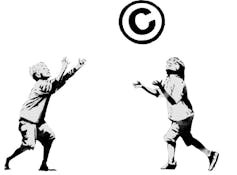 A Banksy depiction of two children playing catch with the copyright logo.