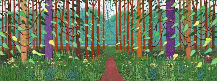 Painting of trees in a wood in bright colours.