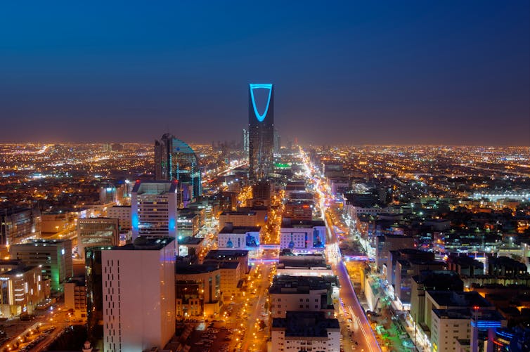 City skyline at night.