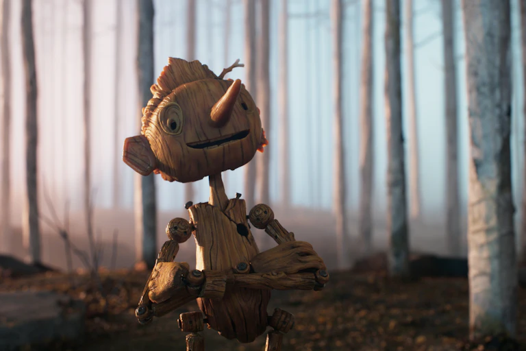 Pinocchio, made from rough wood, stands in woodland
