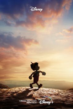 A poster of a sunset sky with the silhouette of Pinocchio crossing the foreground.