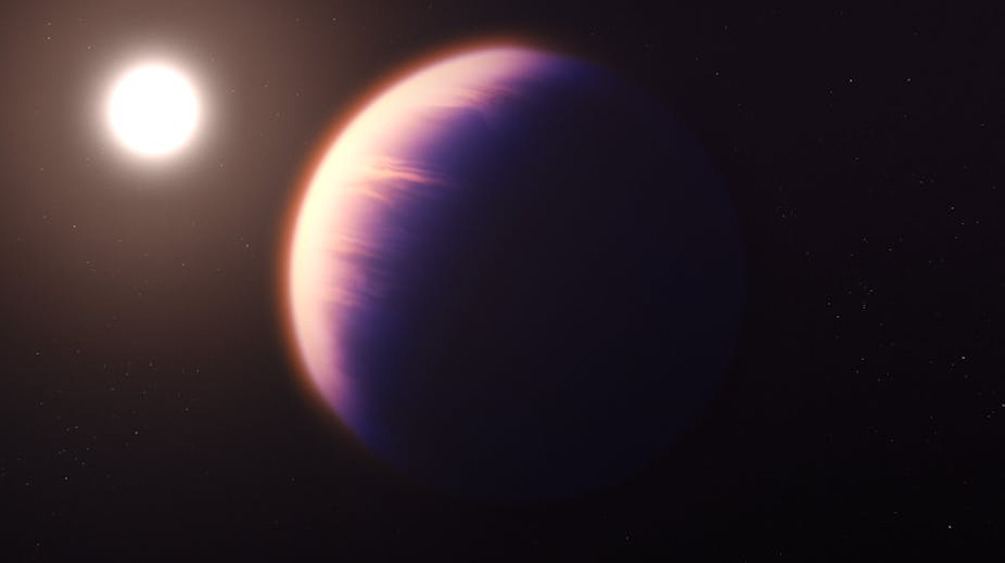 This is an artistic impression of a planet partially illuminated by a star in the background. The star is towards the top left of the image. 