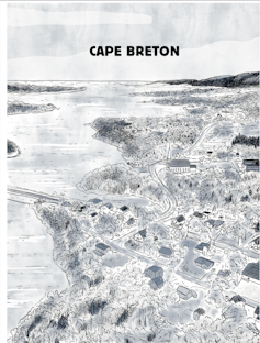 A black and white drawing of Cape Breton from a bird's eye view, from Ducks.
