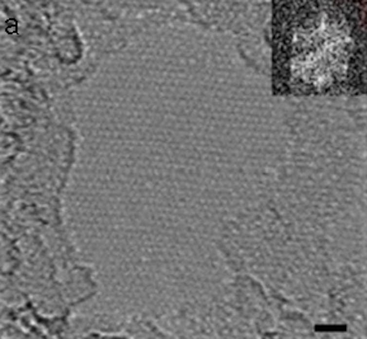 A black and white image of a crystalline layer on a surface.
