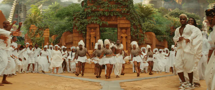 A group of people dancing.