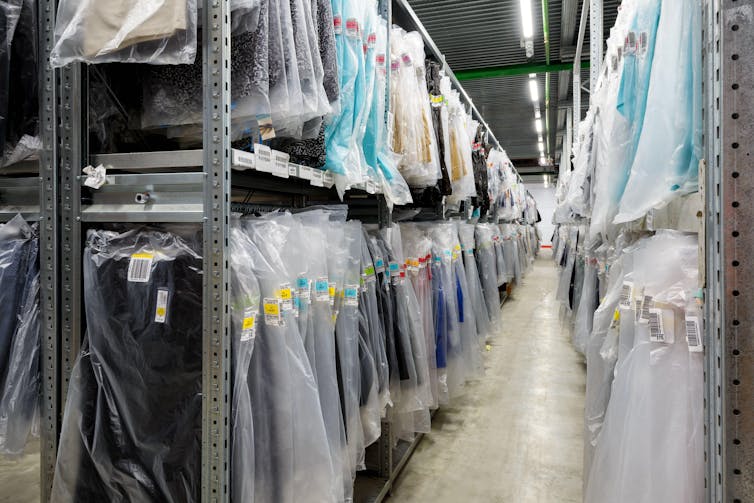 Lots of clothes in a warehouse