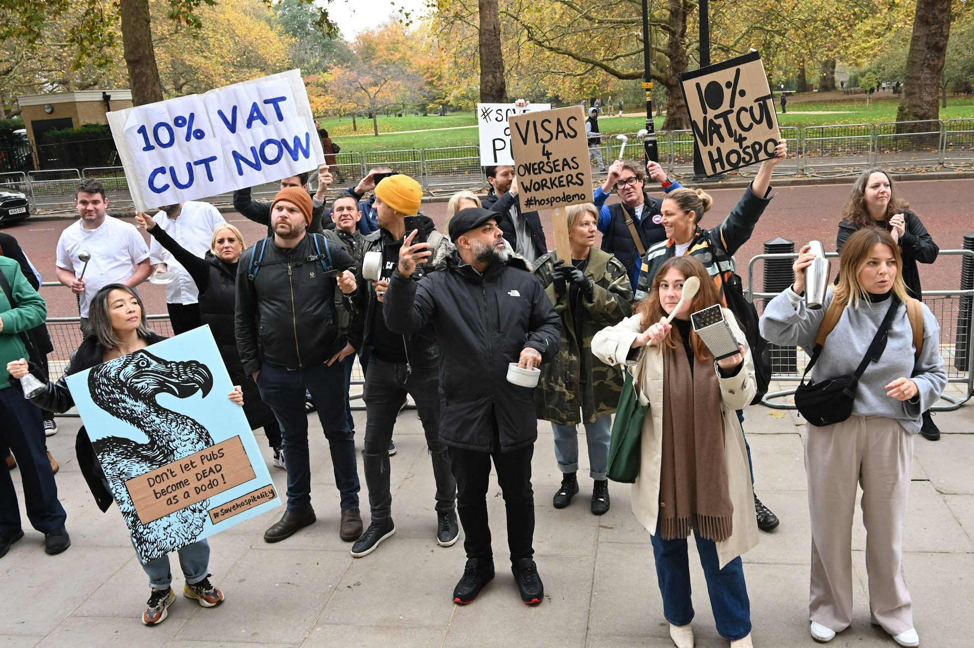 Protestors in Parliament square, London, England on November 22 2022. A demonstration to save the hospitality industry in front of HM treasury to demand VAT is reduced to 10% on all sales, including alcohol.