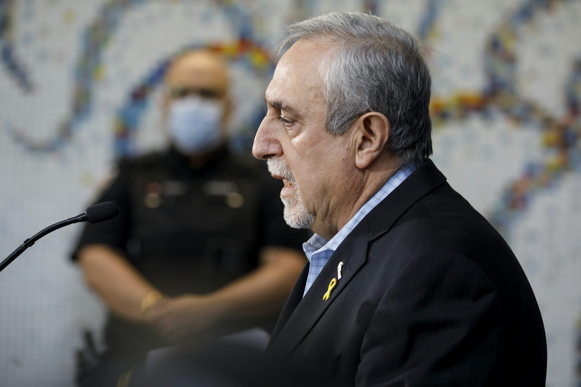 A grey-haired man with a beard speaks into a microphone and is seen in profile.