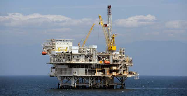 An offshore oil drilling platform. 