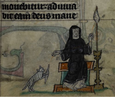 Doodle showing a nun spinning thread, as her pet cat plays with the spindle.