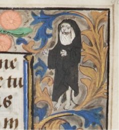 Doodle in the corner of a page of a medieval manuscript shows a cat on its hind legs, dressed as a nun