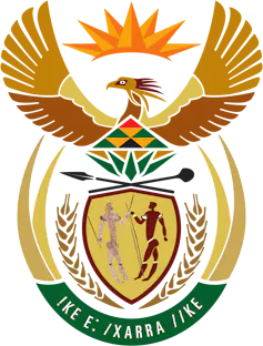 A diagram of an emblem with a rising sun at the top, a bird with vast wings, a shield with an image of two indigenous people shaking hands, and elephant tusks at the bottom.