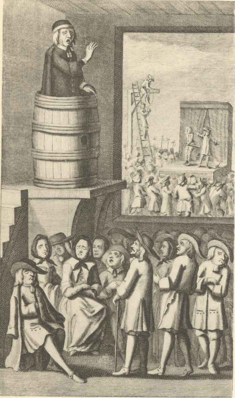 Una ilustración de la obra de Jonathan Swift Historia de una barrica que muestra las tres ‘etapas’ de la vida humana: el púlpito, el teatro y la horca. Wikimedia Commons